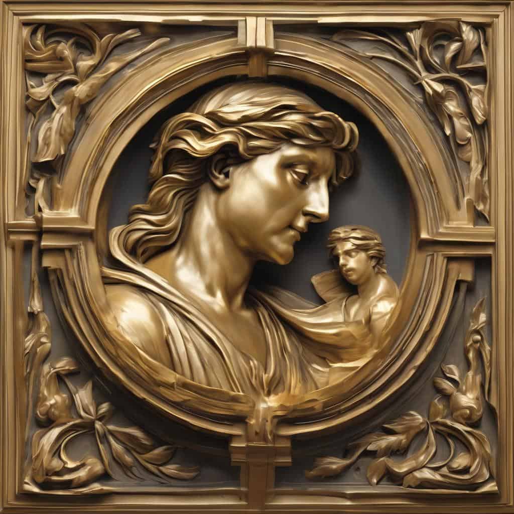 Χρυσό ανάγλυφο με σκηνή από την εξέλιξη των υλικών στην τέχνη, ανδρική μορφή και λεπτομέρειες σε φύλλα και λουλούδια.