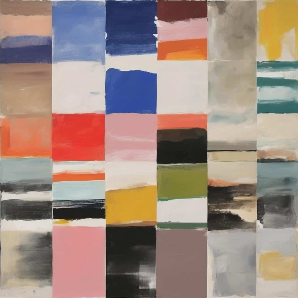 Ζωγραφικό έργο με χρωματικά δείγματα και υλικά στην τέχνη, εμβάθυνση στην εξέλιξη των υλικών και τεχνικών, τέχνη και πειραματισμός με διαφορετικά μέσα, δημιουργικότητα και σύγχρονη αισθητική.