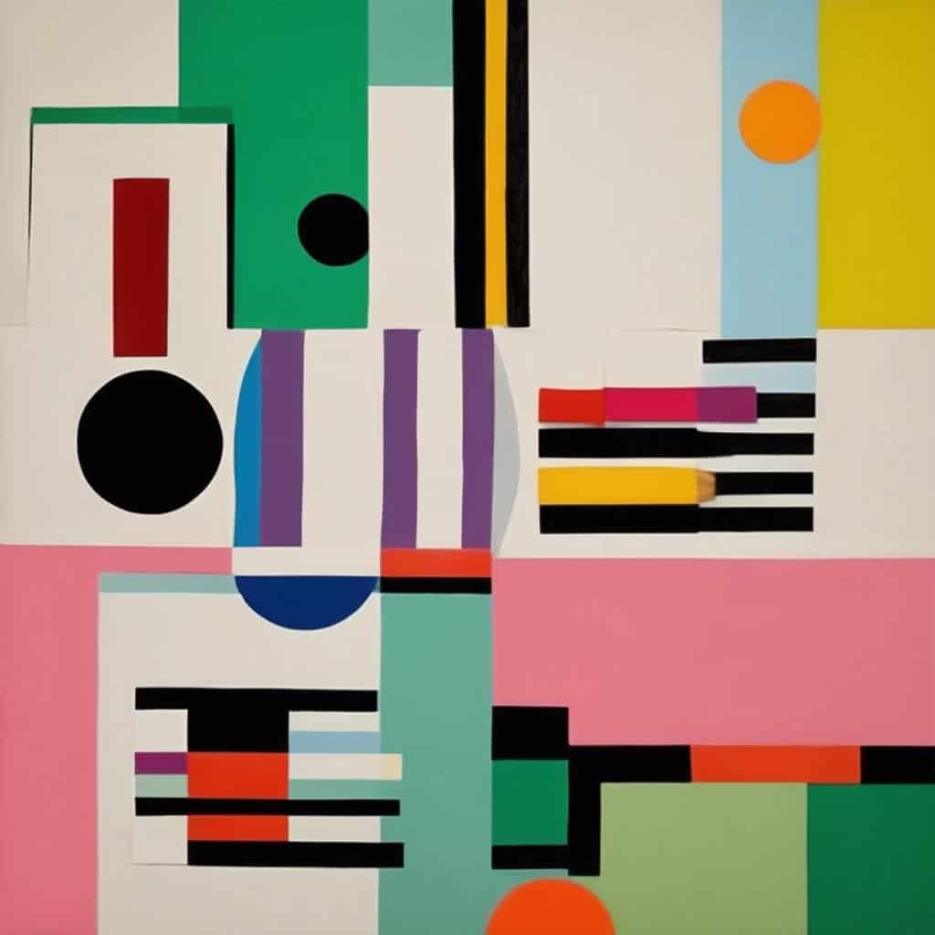 Ζωγραφικό έργο με αφηρημένα γεωμετρικά σχήματα και πολύχρωμα υλικά που απεικονίζουν την εξέλιξη των υλικών στην τέχνη.