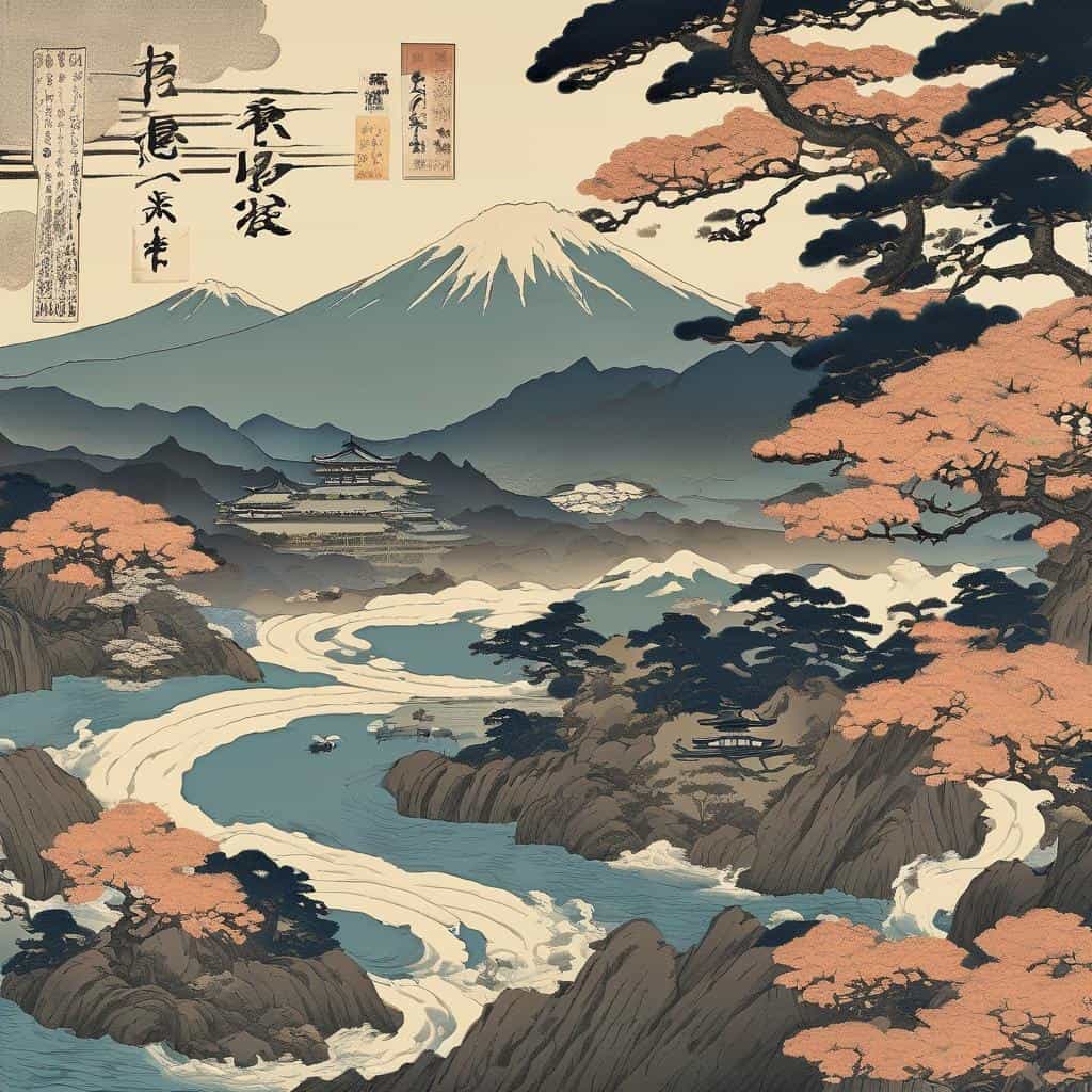Ανθισμένοι φοίνικες και ομιχλώδη βουνά στον περιγραφικό πίνακα με παραδοσιακή ιαπωνική τέχνη και καλλιτεχνικά στοιχεία.