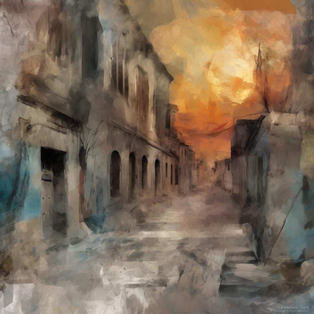 Παραδοσιακά και σύγχρονα υλικά στην τέχνη, εξελίξεις στην καλλιτεχνική δημιουργία με έμφαση στην αστική αρχιτεκτονική και τον πύργο του ήλιου στο ηλιοβασίλεμα.