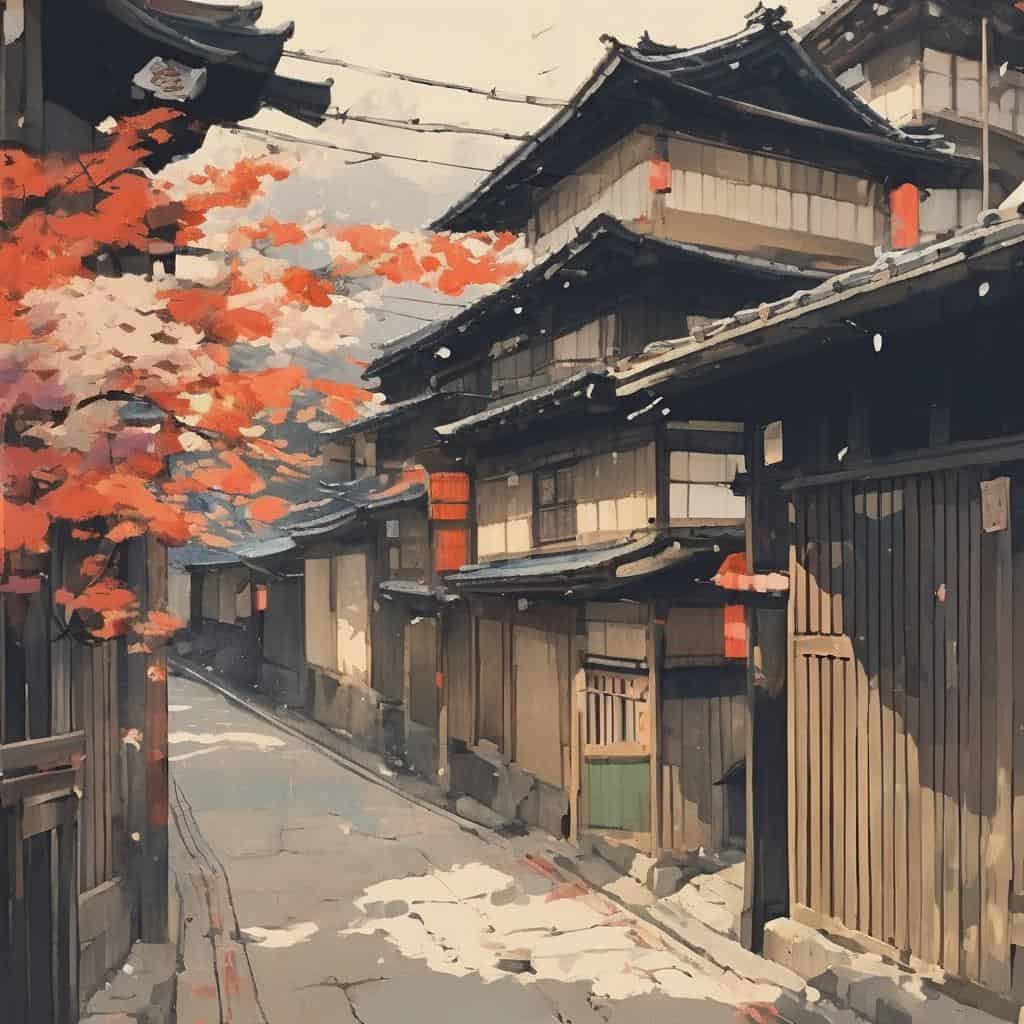 Ζωγραφική εικόνα μιας παραδοσιακής Ιαπωνικής οδού με ξύλινα σπίτια και κόκκινα.maple δέντρα, αναδεικνύοντας την εξέλιξη των υλικών στην τέχνη που εμπνέεται από την Ανατολική παράδοση.